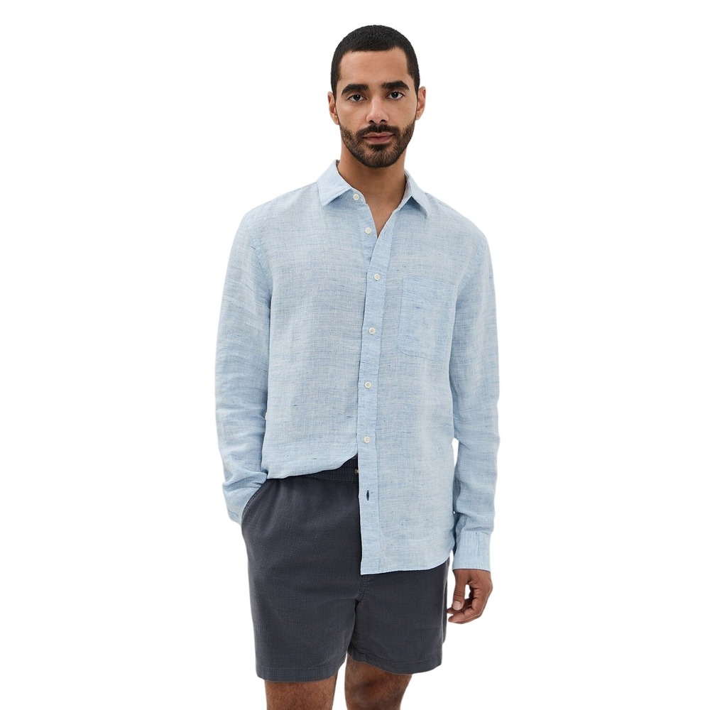 Faherty Reserve Linen Button Down Shirt Mens L Light Blue Beach Coastal Summer